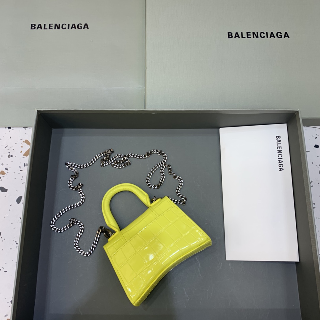 Balenciaga Hourglass Mini Handbag With Chain Crocodile Embossed Shoulder Bag Yellow